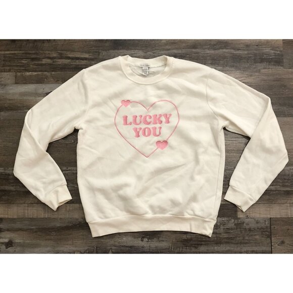 Better Together Womens Large Lucky You Heart Crewneck Sweatshirt White Pink - Picture 1 of 5